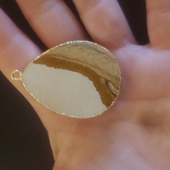 New Gold Wrapped Slice Picture Jasper Teardrop Pendant. - Picture 8 of 9